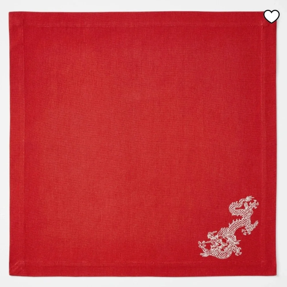 Williams Sonoma Lunar New Year Red Napkins w/Gold Embroidered Dragon, Set of 4.